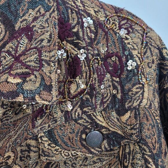 Vintage Wool Blend Trucker Jacket Blazer Shacket M Brown Gold Paisley Jacquard - Picture 4 of 10